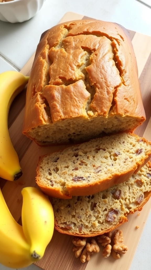 A loaf of banana bread sliced on a cutting board with ripe bananas and walnuts.